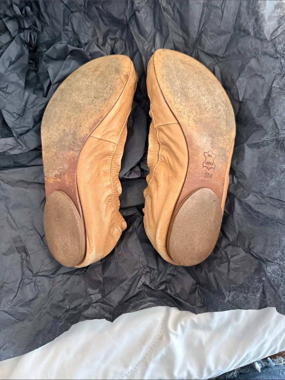 Tory Burch Camel Leather Camellia Ballet Flats with Logo Medallion